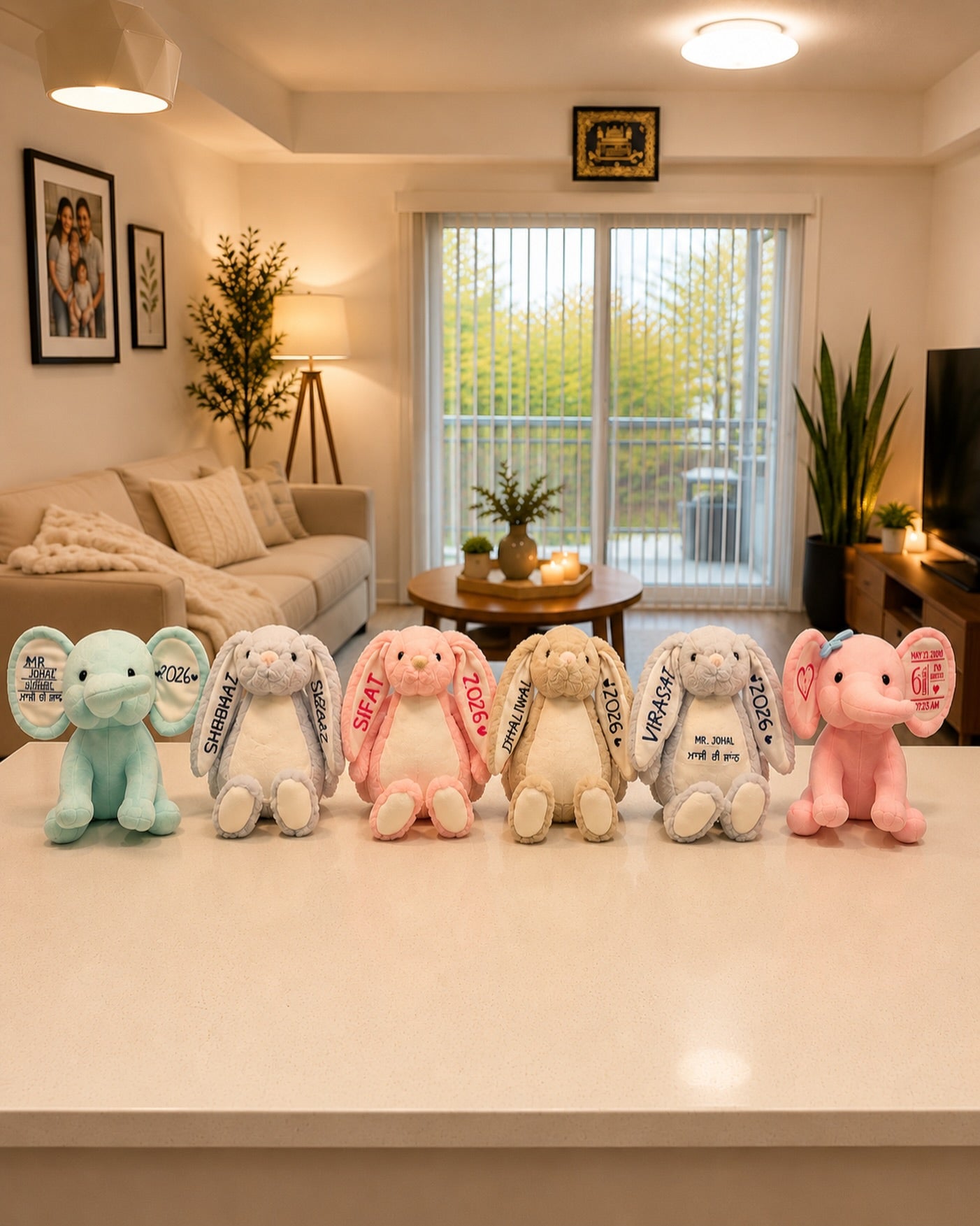 Personalized stuffed animals including custom name bunnies and elephants in pink, mint, and beige displayed on a white counter